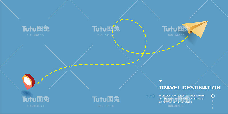 用纸飞机和大头针勾画路线。航班、度假、度假、旅游、商务或旅游