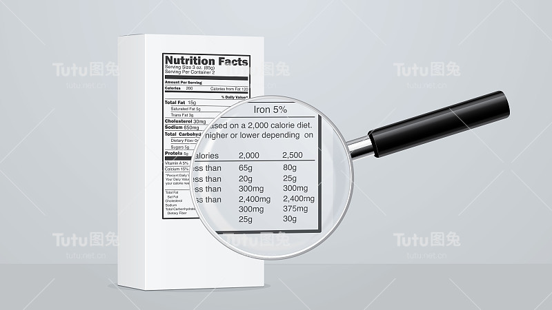 产品盒附有营养成分标签和放大镜