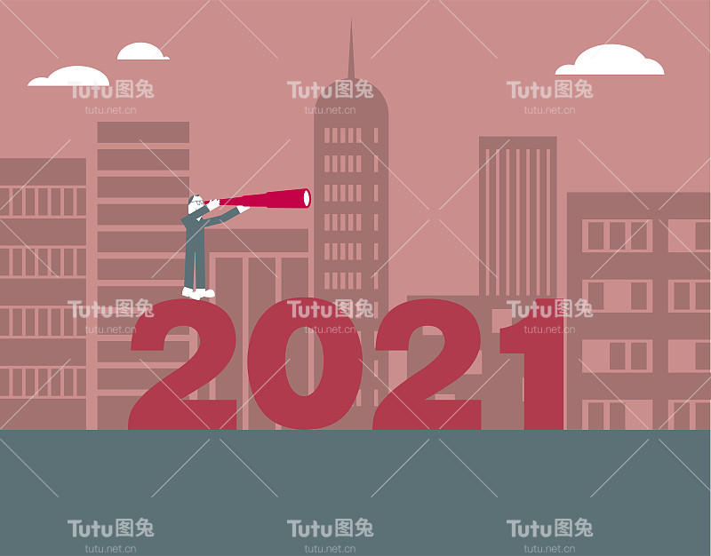 2021新年元素设计，一个人拿着望远镜站在“2021”上观察。背景是城市建设。