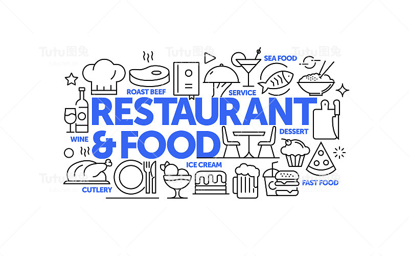 餐厅，食品和饮料相关的网页横幅线条风格。现代线性设计矢量插图的网站横幅，网站标题等。