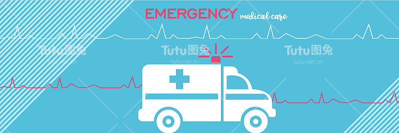 医学、保健和急救的概念在一个扁平化的风格。救护车与心脏脉动彩色抽象背景。