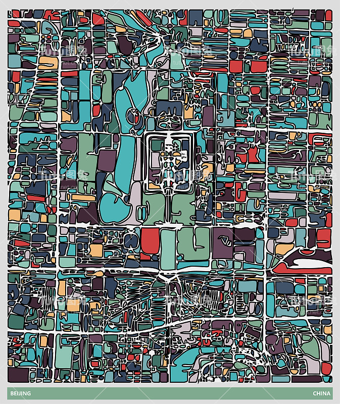 艺术插画风格地图，北京城市，中国