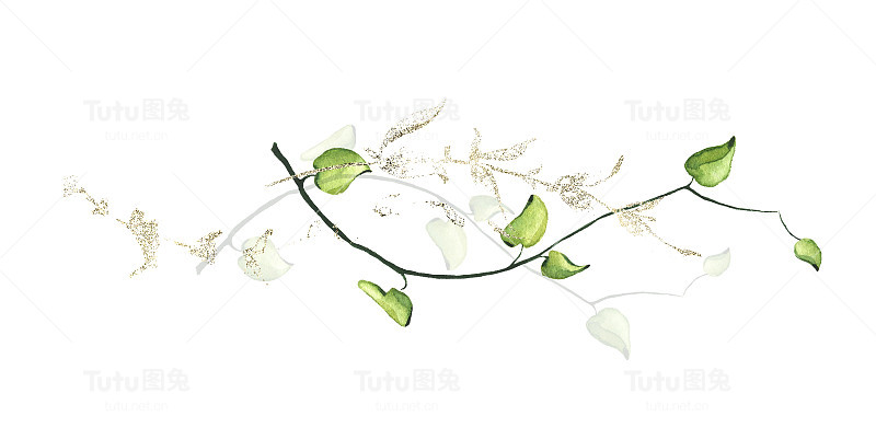 水彩布置以蓝、绿、青、紫、粉花、枝、叶、金粉等图形元素。
