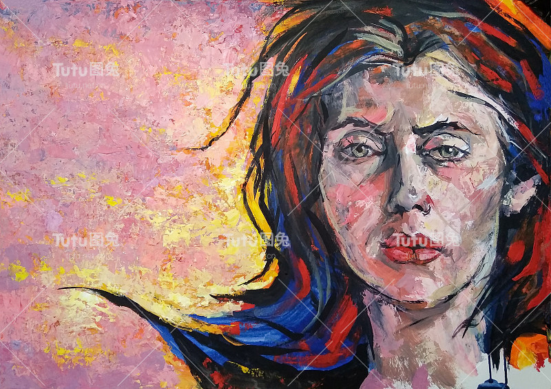 插图油画肖像的年轻女子与长黑发在明亮的背景的上升的太阳在黄色和粉红色的色调