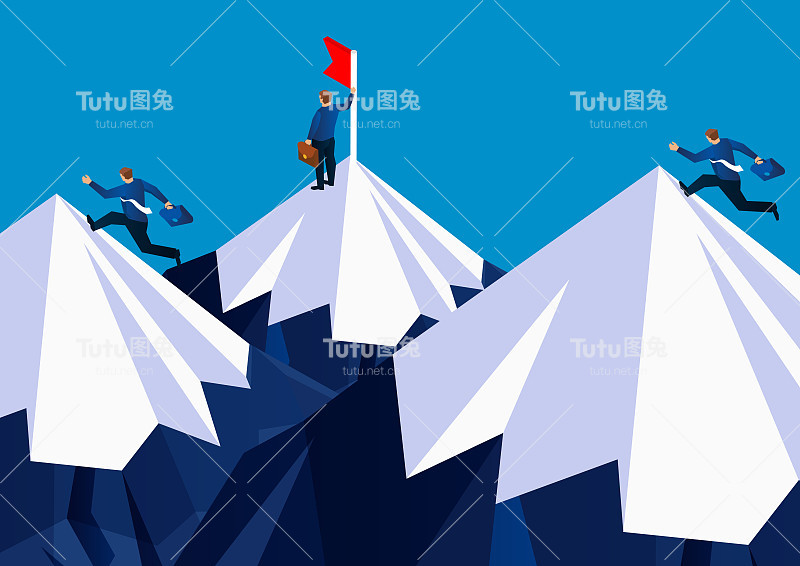 商人在一场登山比赛中，商人在山顶上奔向另一座山，带着旗子，经营理念赢而竞之