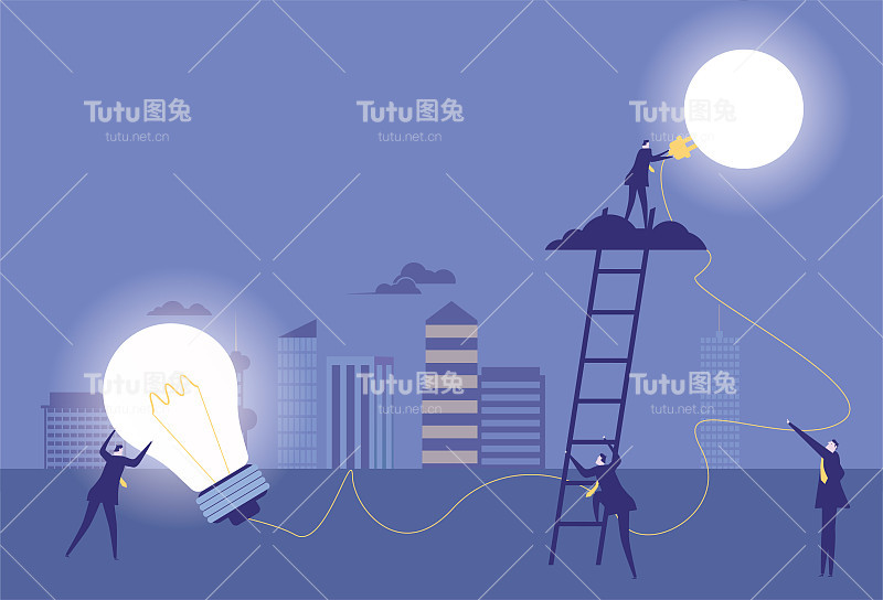 商人们爬上楼梯来到月亮上，插上电灯