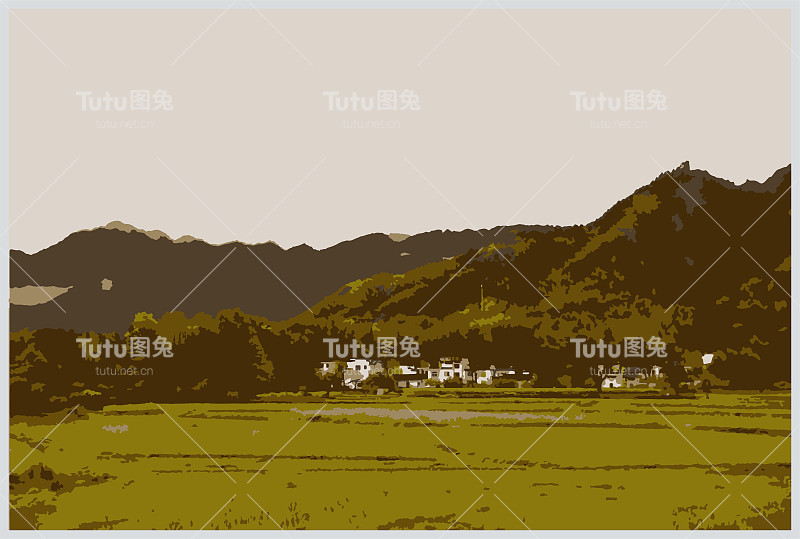 彩色木刻风格的乡村风光，山川树木