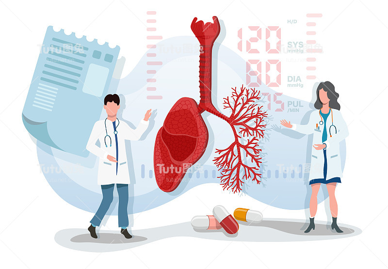 平面矢量图，两个医生显示呼吸系统肺