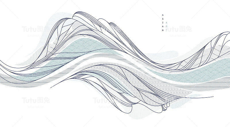 东方日本风格的矢量抽象插图，背景在亚洲传统风格，波浪形状和山脉地形，流像海线。