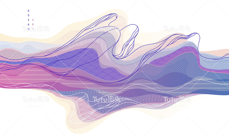 东方日本风格的矢量抽象插图，背景在亚洲传统风格，波浪形状和山脉地形，流像海线。