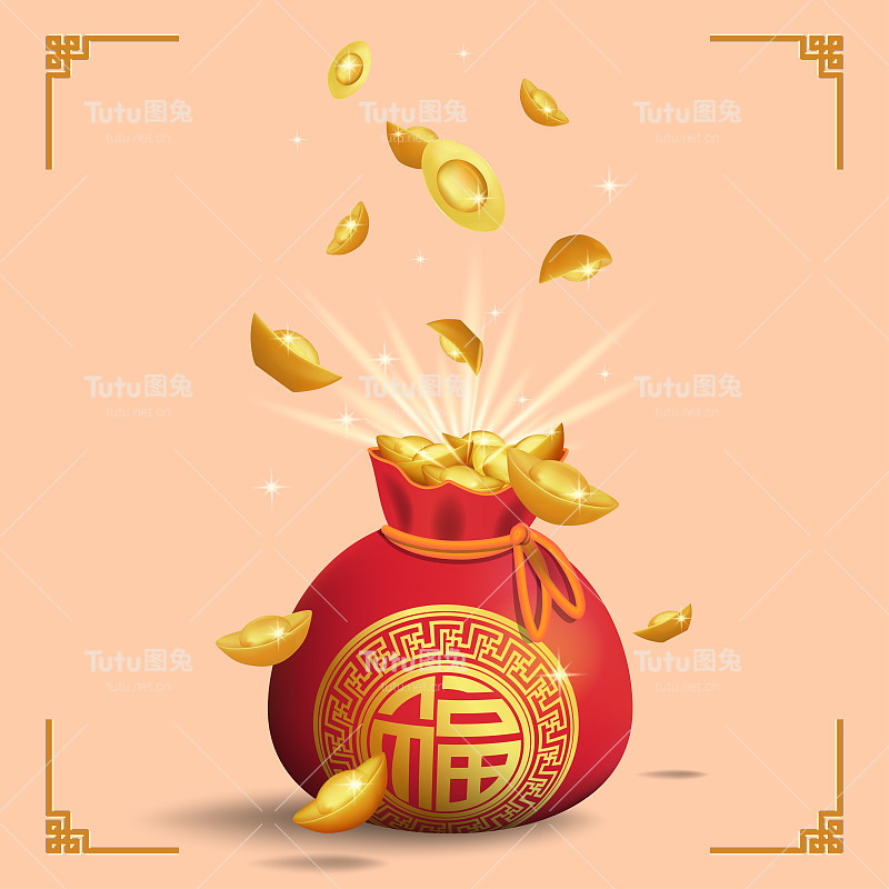 许多金元宝落入幸运袋，适合新年