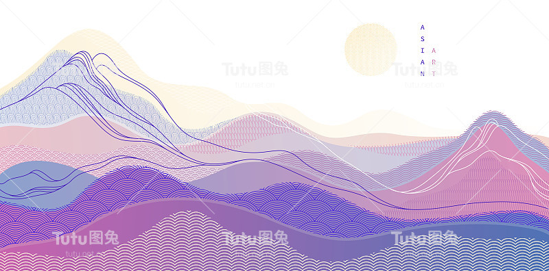 东方日本风格的矢量抽象插图，背景在亚洲传统风格，波浪形状和山脉地形，流像海线。