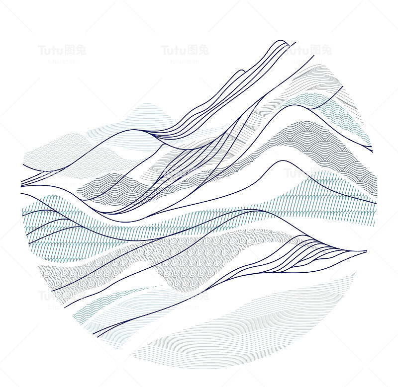 抽象的东方日本艺术矢量背景以圆形为形状，传统风格设计，波浪状的形状和山脉地形景观，流淌似海的线条。