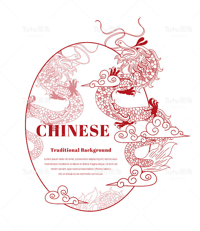 圆框，线条红色，中国龙风，中国复古框，装饰经典喜庆红底色，