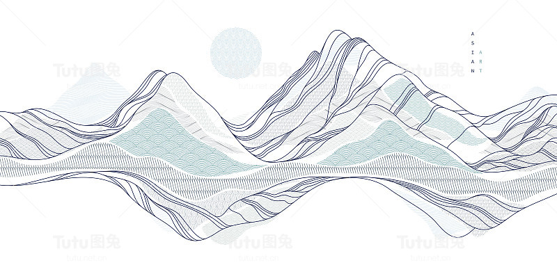 东方日本风格的矢量抽象插图，背景在亚洲传统风格，波浪形状和山脉地形，流像海线。