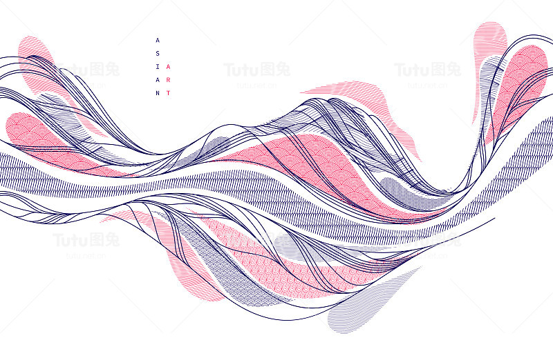 抽象的东方日本艺术矢量背景，传统风格的设计，波浪状的形状和山脉地形景观，流淌如海的线条。