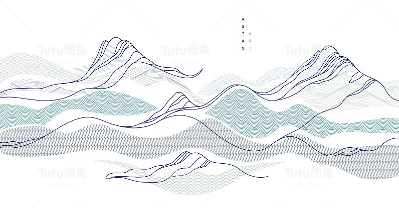 东方日本风格的矢量抽象插图，背景在亚洲传统风格，波浪形状和山脉地形，流像海线。