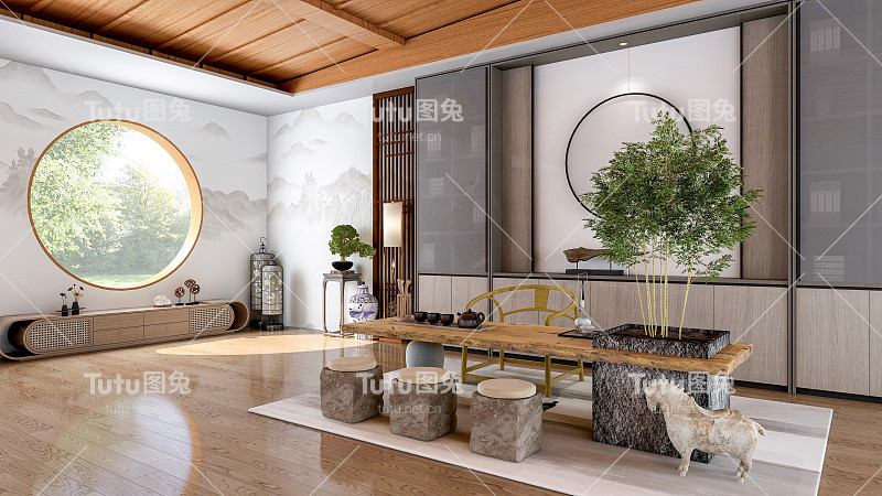 传统中式客厅室内，家具和木地板，3d渲染