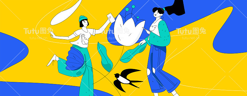 二十四节气:立春、下雨、惊蛰、春风、清明、谷雨，平面人物矢量概念操作手绘插画