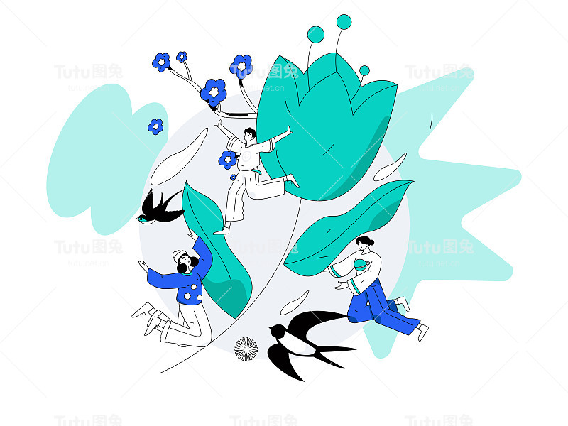 二十四节气:立春、下雨、惊蛰、春风、清明、谷雨，平面人物矢量概念操作手绘插画