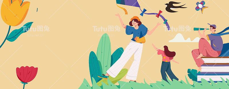 二十四节气:立春、下雨、惊蛰、春风、清明、谷雨，平面人物矢量概念操作手绘插画