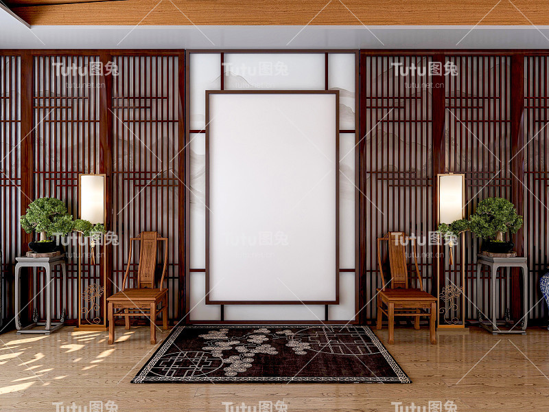 中国传统风格客厅模拟用空白画布画框，3D渲染