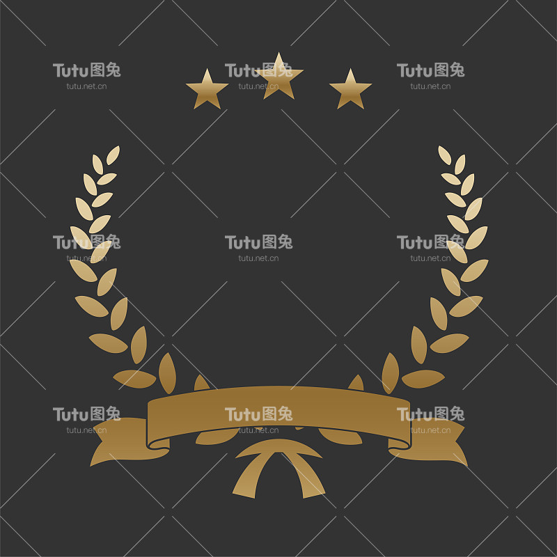 现实金月桂花环与金丝带和星星。高级徽章，黑色背景上的传统胜利标志。凯旋，胜利海报，横幅布局，闪亮的框架，边框