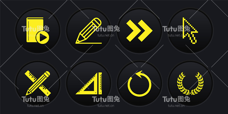 设置交叉尺子和铅笔，像素箭头光标，三角形，刷新，箭头，铅笔线，月桂花环和有声书图标。向量