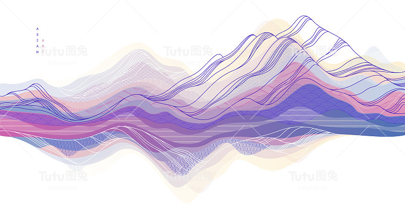 东方日本风格的矢量抽象插图，背景在亚洲传统风格，波浪形状和山脉地形，流像海线。