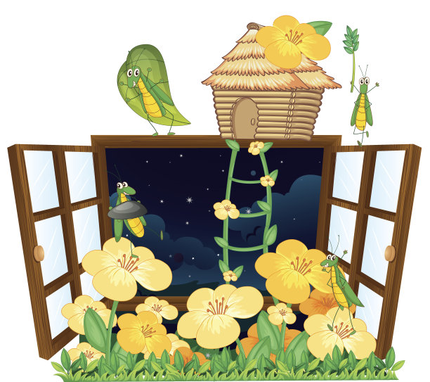 蚱蜢，鸟屋和窗户