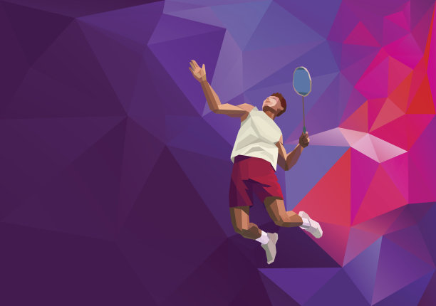 多边形专业羽毛球运动员对彩色低多边形背景，扣杀