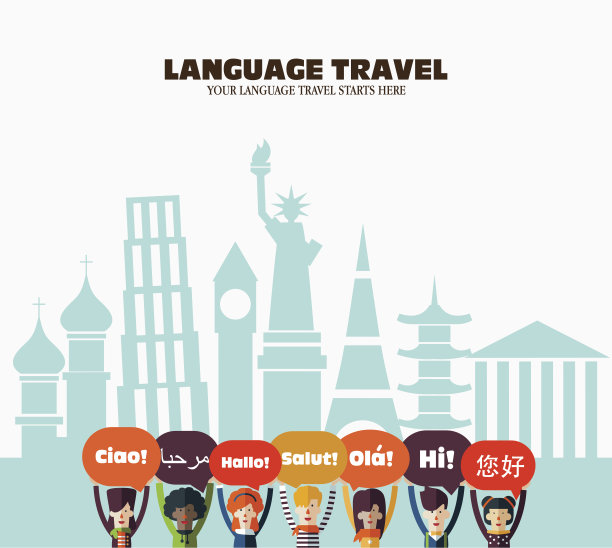 一群用不同语言的气泡说话的年轻人