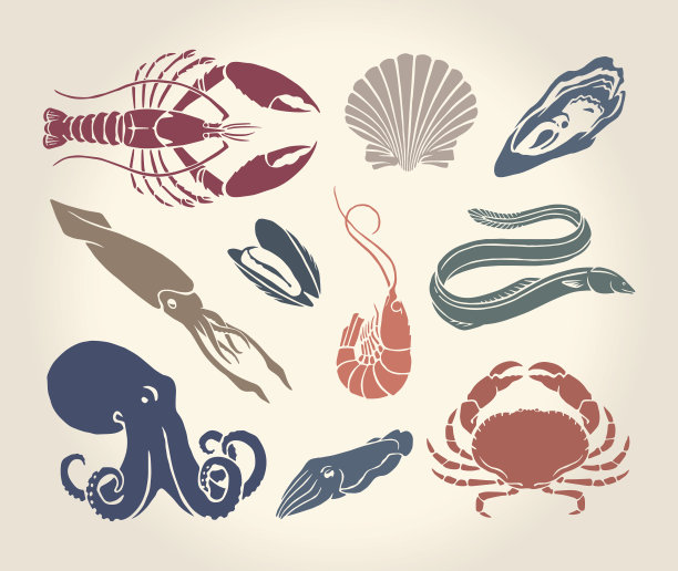 甲壳类、贝壳类和头足类动物的古老插图