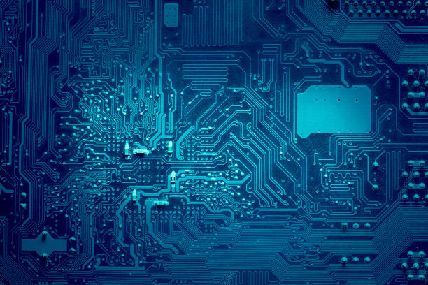 计算机电子电路。蓝色，两侧褪色。