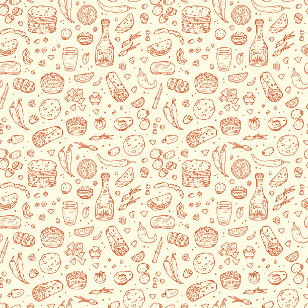 墨西哥传统食品无缝模式。龙舌兰，玉米饼，墨西哥玉米卷，墨西哥卷饼，玉米片