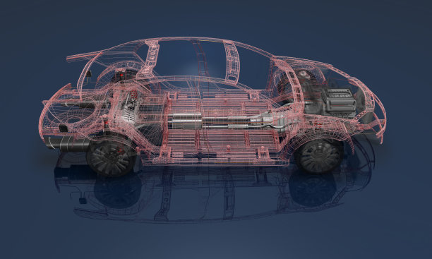 在蓝色背景上的线框汽车的3D渲染