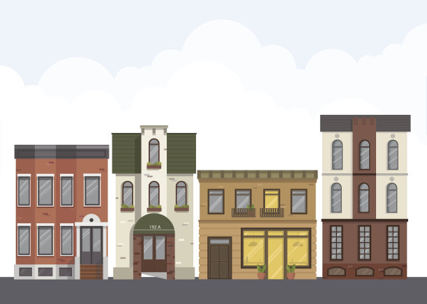 街道景观。城市街道上有城市建筑、公寓、商店、平房等。