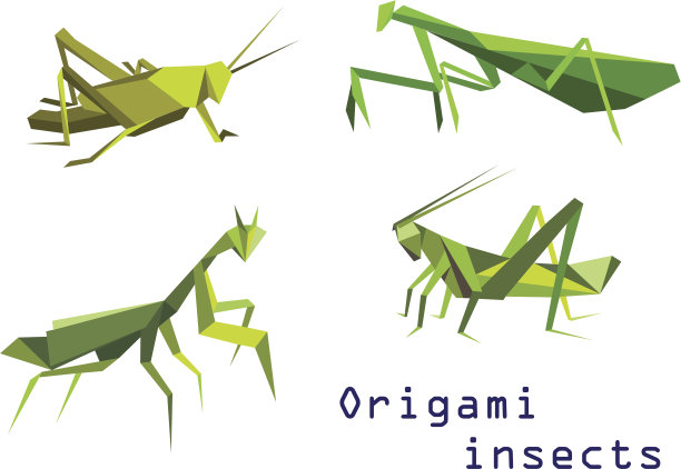 绿色折纸蚱蜢和螳螂