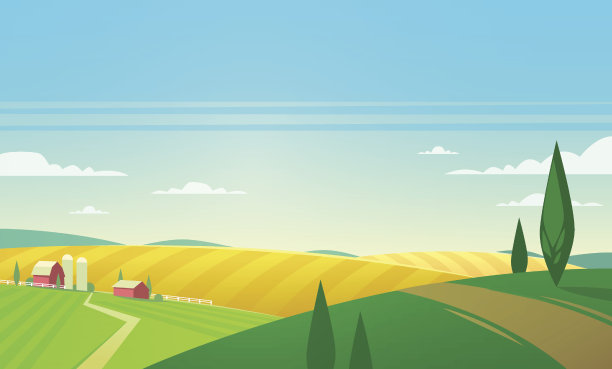 夏季景观与农舍。矢量插图。