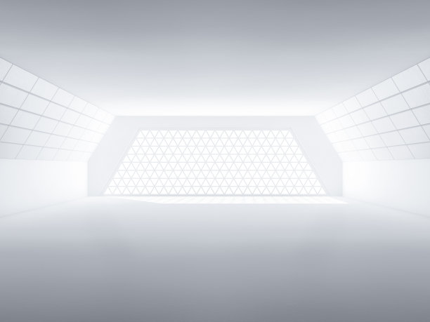 抽象的现代建筑背景，空旷的白色开放空间内部有窗户和混凝土墙。三维渲染