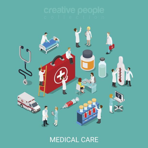 平面三维等距医疗服务医生护士急救箱概念网络信息图矢量插图。微型医院工作人员药丸注射器救护车诊断图标。有创造力的人收藏