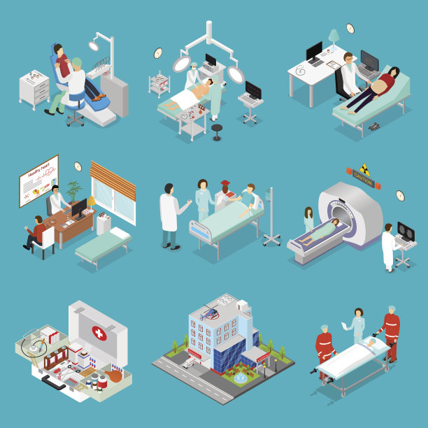 医生和医学符号设计元素集等距视图。向量