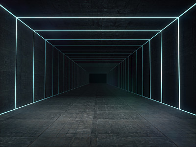 狭长的黑暗走廊内部与未来的光。三维渲染