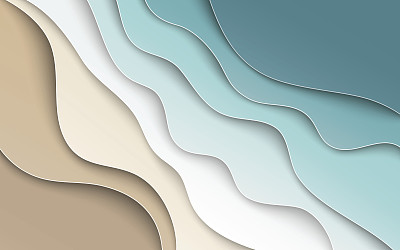 抽象蓝色的海洋和海滩夏季背景与曲线纸波浪和海岸的横幅，传单，邀请，海报或网站设计。纸张剪出艺术风格，为你的文字留出空间