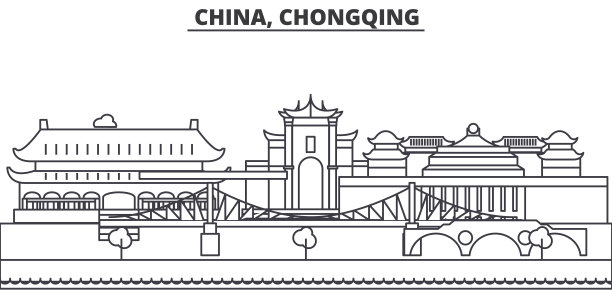中国，重庆建筑线天际线插图。线性向量的城市景观与著名的地标，城市景观，设计图标。风景与可编辑的笔触