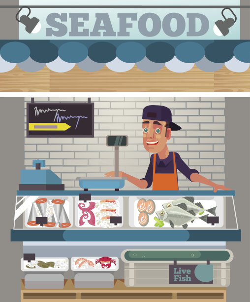 快乐微笑的推销员性格卖海鲜。食品市场的概念