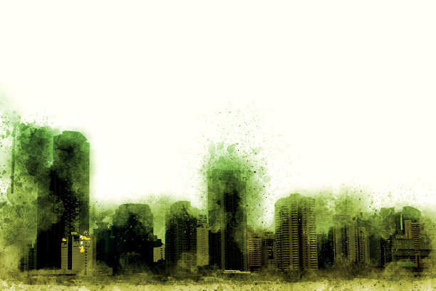 抽象建筑以水彩画为背景。城市上的数字插画刷艺术