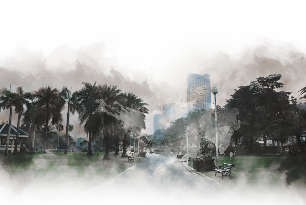 抽象建筑和树木的水彩画背景。城市上的数字插画刷艺术。