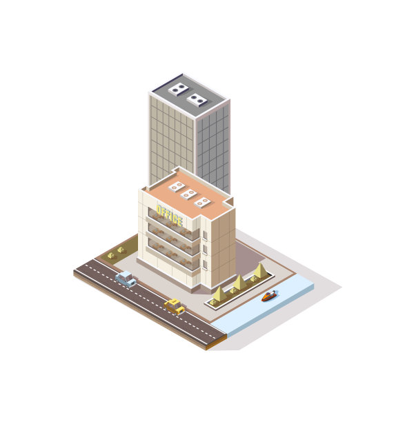 房地产等距、矢量插图、立体住宅、装饰设计、现代住宅、写字楼。喷气滑雪。海上度假。度假胜地