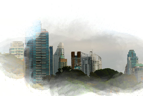 摘要以城市建筑为背景的水彩画。城市上的数字插画刷艺术。